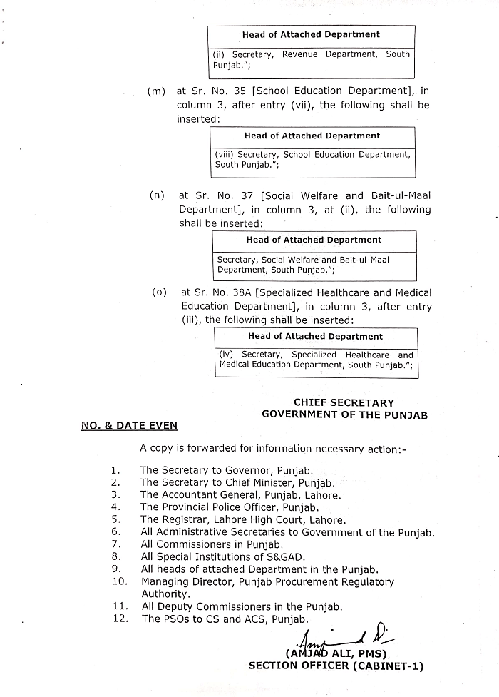 Amendment in Punjab Rule of Business 2011 Punjab South