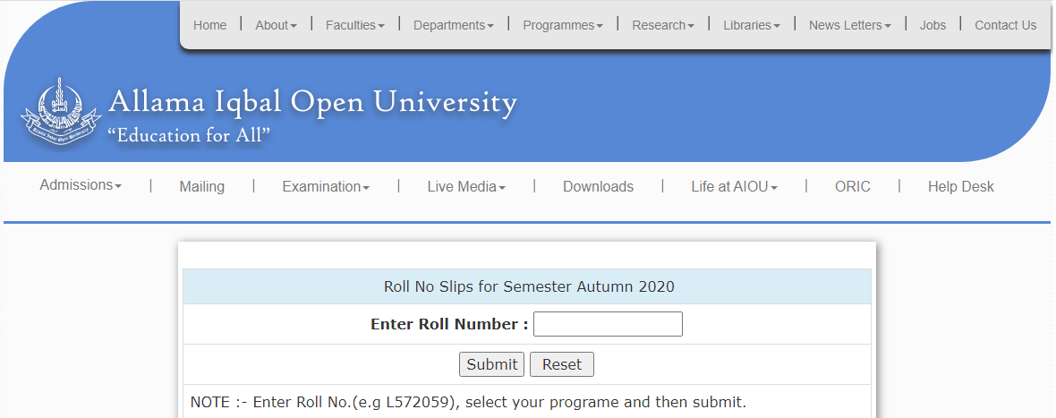 AIOU Roll Number Slips BA Programs Semester Autumn 2020