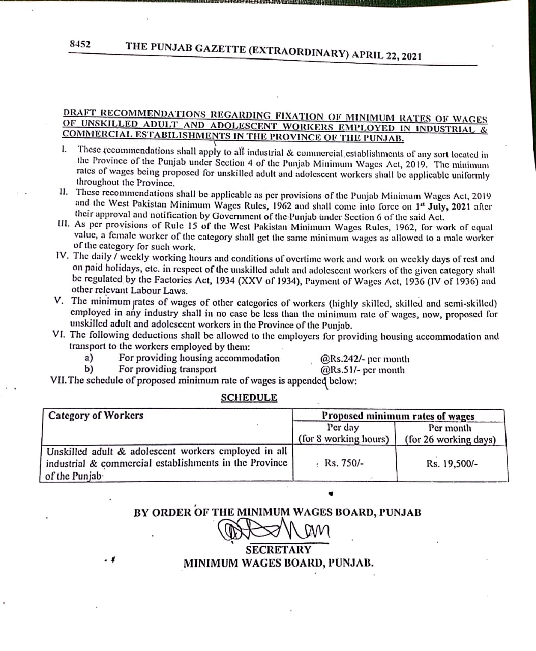 Draft Recommendations of Fixation of Minimum Wages of Unskilled Workers 2021
