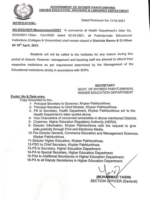 Notification of Extension Closing Educational Institutions to More Districts 