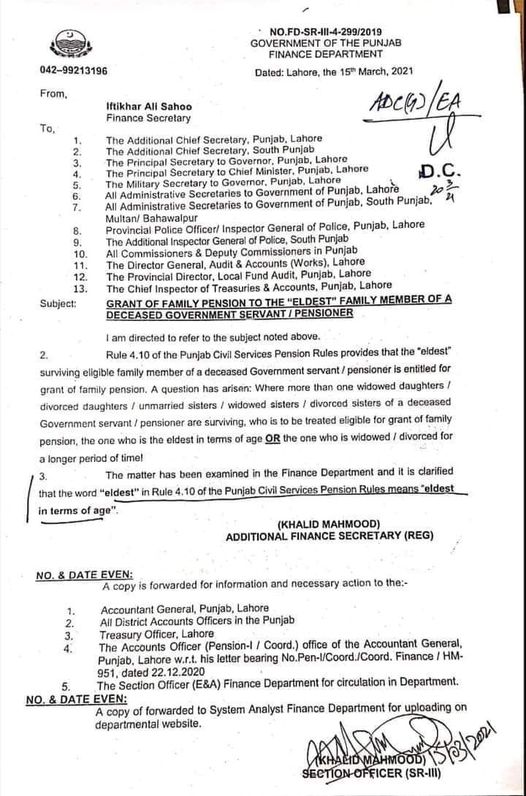 Grant of Family Pension to the Eldest Family Member (Punjab)