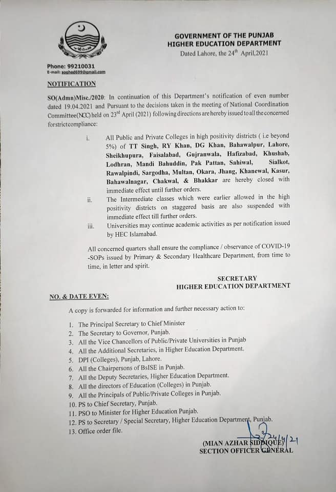 HED Notification Regarding Closing Educational Institutions in Punjab