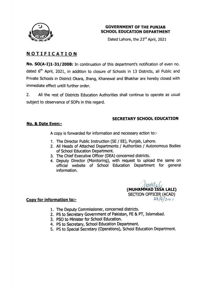 Notification of Once Again Closing of Schools in Punjab Including More Districts