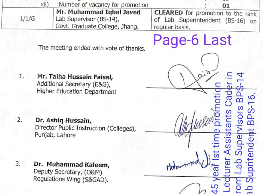 Promotion of Lab Supervisors (BPS-14) to the Rank of Lab Superintendents