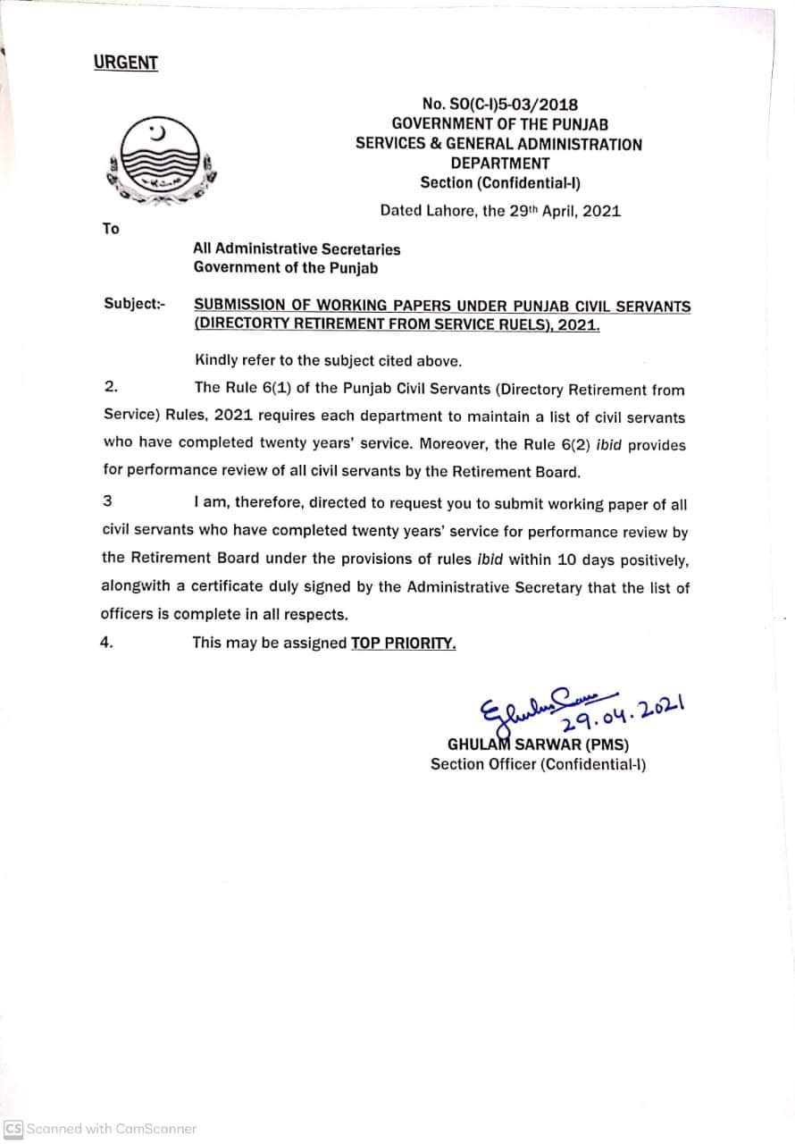 Submission of Working Papers Under Punjab Directory Retirement (20 years  Service)