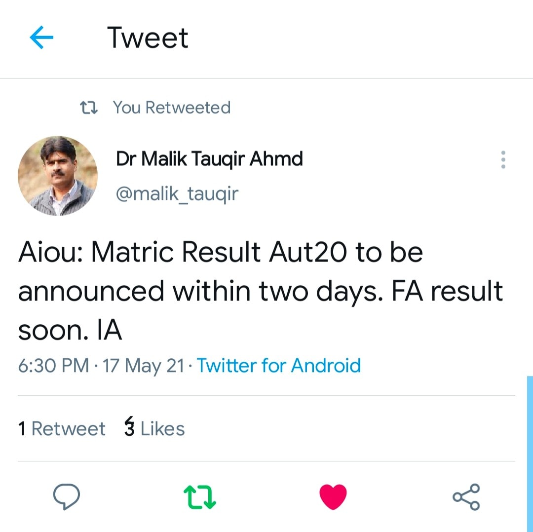 AIOU Result Matric and FA Autumn 2020