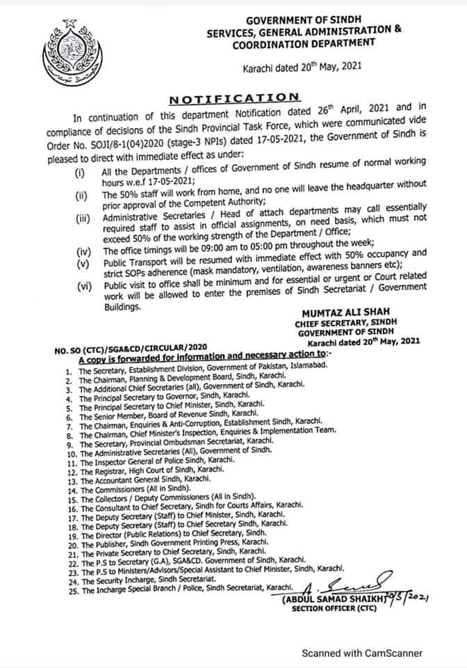 Latest Notification of Office Timings and Staff Strength Sindh