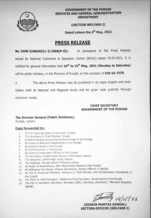 Punjab Govt Eid-ul-Fitr Holidays 2021