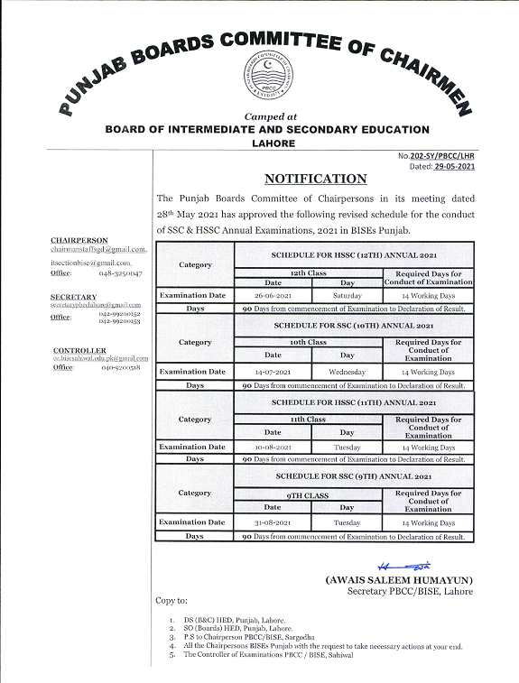 Revised Exams 2021 Schedule of Class 9th, 10th, 11th & 12th