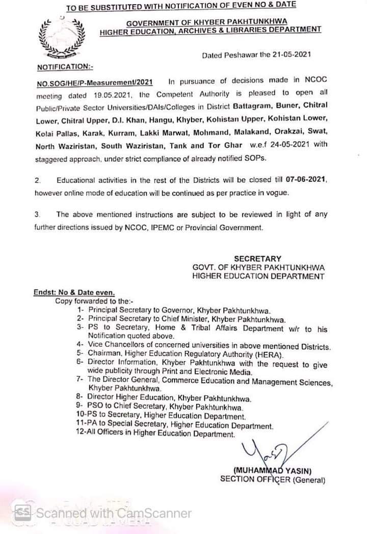 Revised Notification Regarding Opening of Educational Institutions wef 24th May 2021