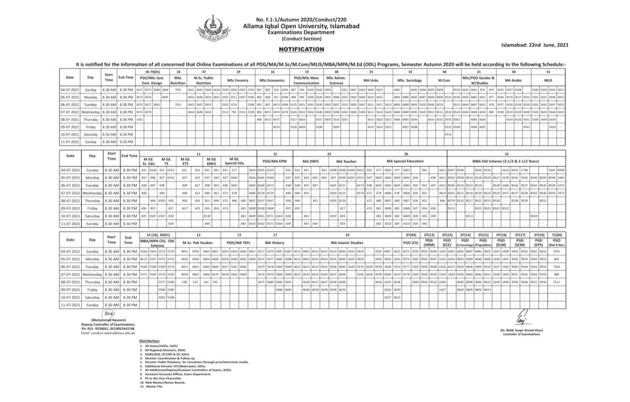 AIOU Date Sheet 2021 MA, M.Sc, M.Com, MLIS, MBA, MPA & M.Ed (ODL), PDG