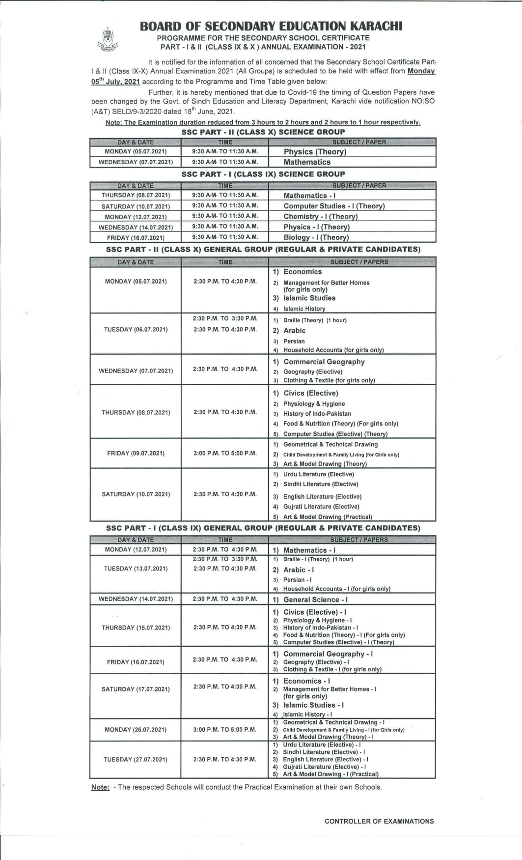 BSE Karachi date Sheet SSC-I & SSC-II Annual Exams 2021