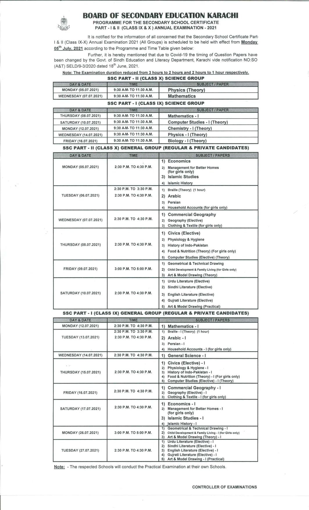 BSE Karachi date Sheet SSCI & SSCII Annual Exams 2021