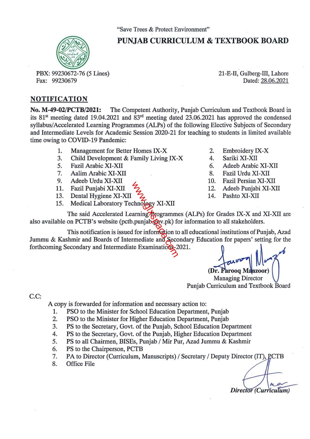 Approval of Reduced Syllabus /Accelerated Learning Programmes (ALPs)