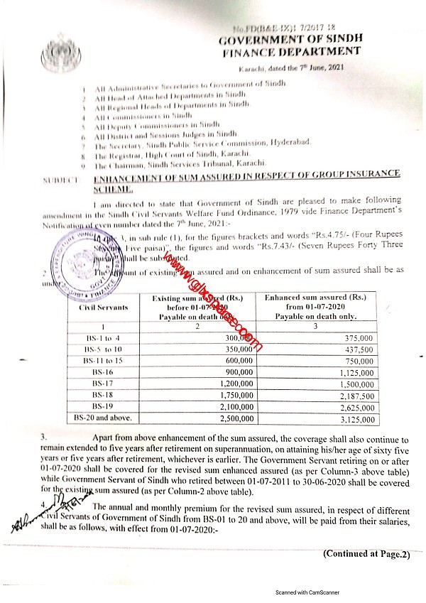 Enhancement Sum Assured Group Insurance Scheme Sindh 2021