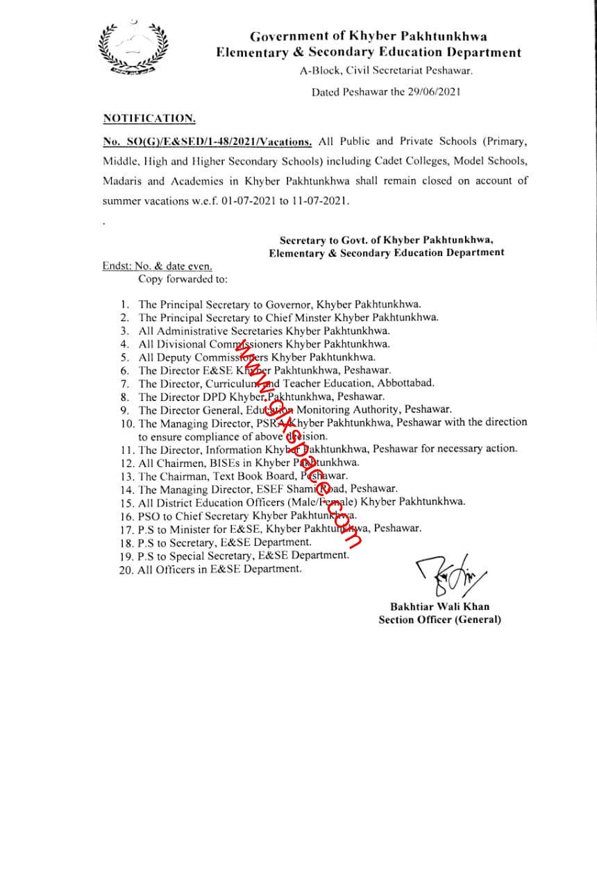 Notification of Summer Holidays (Vacation) wef 1st July 2021