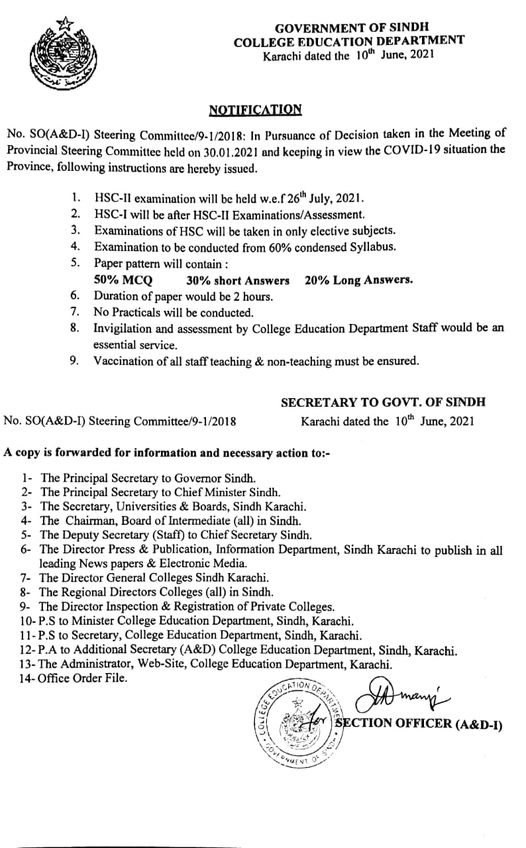 Paper Pattern & Schedule of SSC and HSC Annual Exams 2021 Sindh