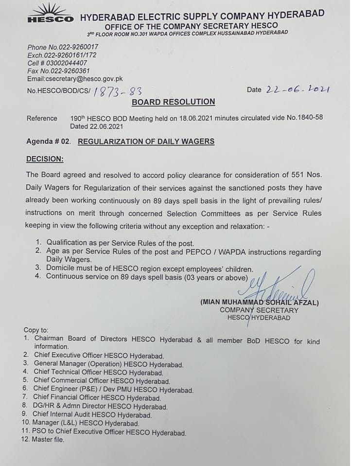 Regularization on Daily Wages Employees of HESCO 2021