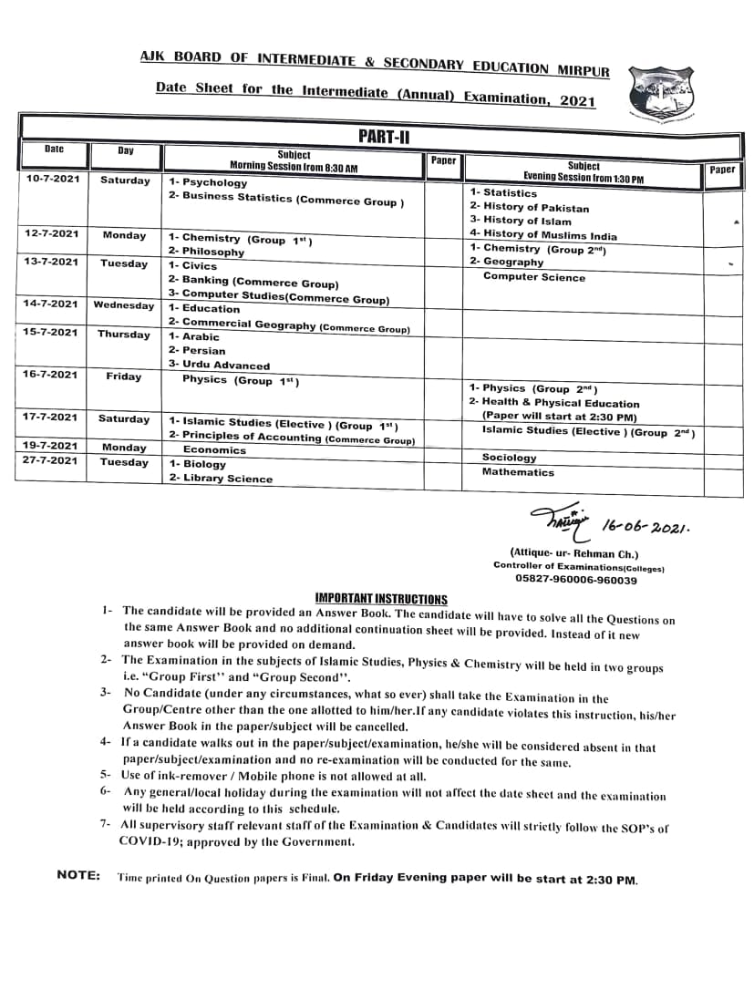 Revised Date Sheet 1st Year and 2nd Year (HSSC) 2021 AJK Board