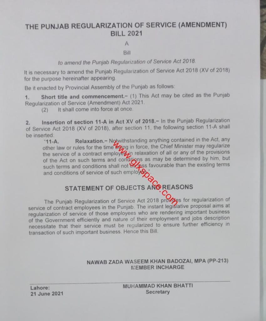 Punjab Regularization of Service (Amendment) Act 2021 (Bill)