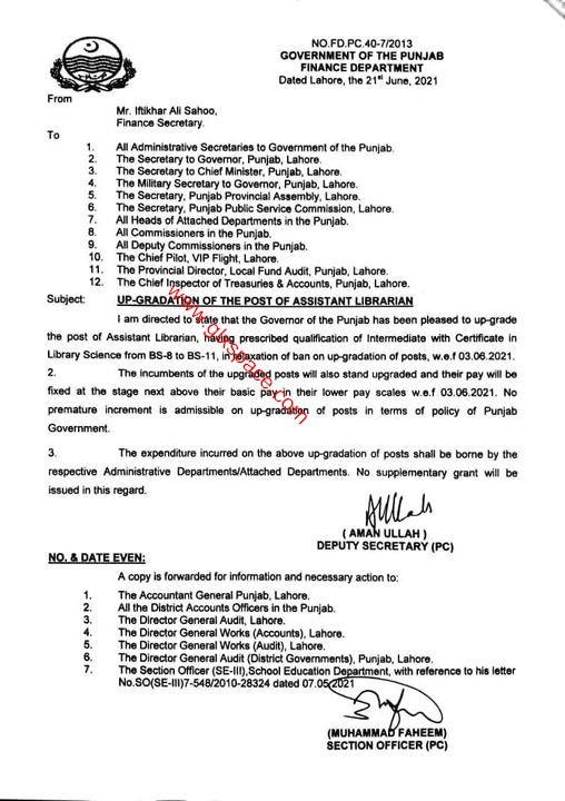 Upgradation of the Post of Assistant Librarian in Punjab