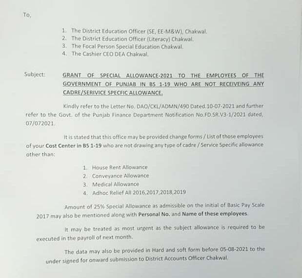 Change Forms for Grant of Special Allowances 2021 Punjab 