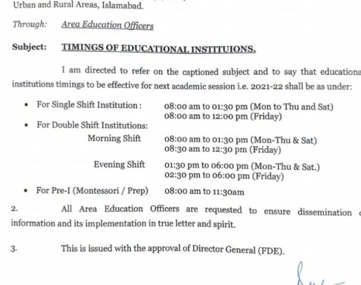 Educational Institutions Timings Session 2021-22 Federal