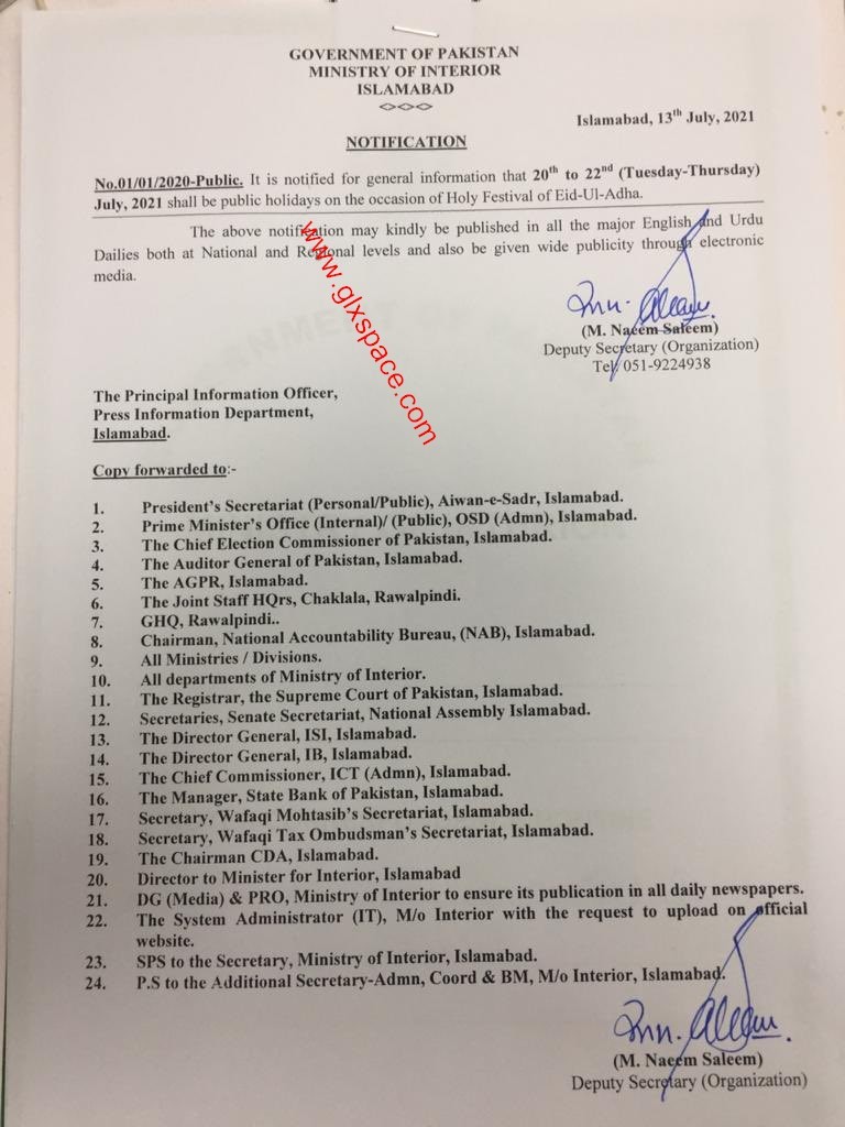 Notification of Eid-ul-Azha Holidays 2021 (Federal)