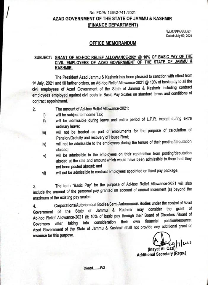 Notification of 10% Adhoc Relief Allowance 2021 AJK