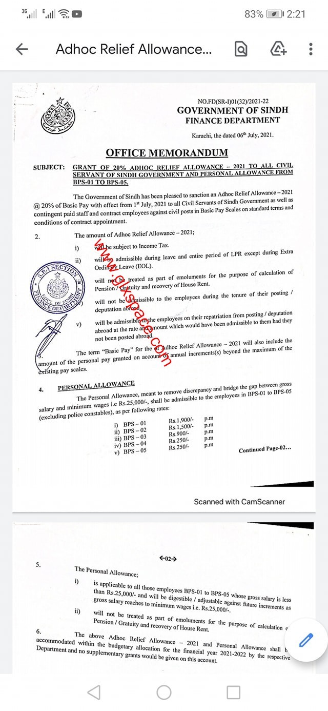 Notification of Adhoc Relief Allowance 2021 Sindh & Personal Allowance