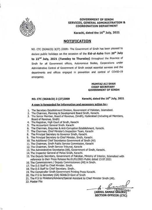 Notification of Sindh Govt Eid-ul-Azha 2021 Holidays