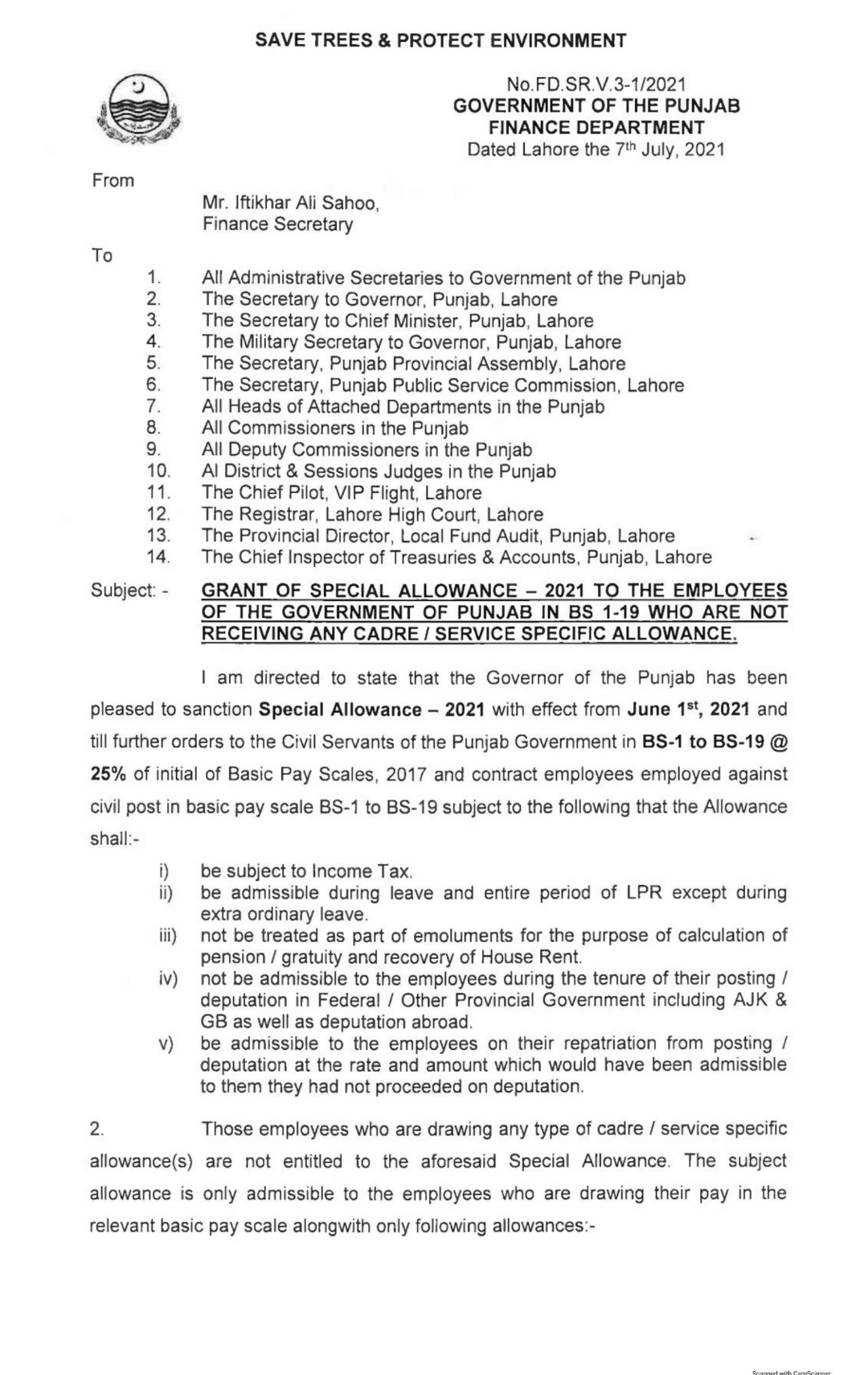 Notification of Special Allowance 2021 Punjab @ 25% of Basic Pay