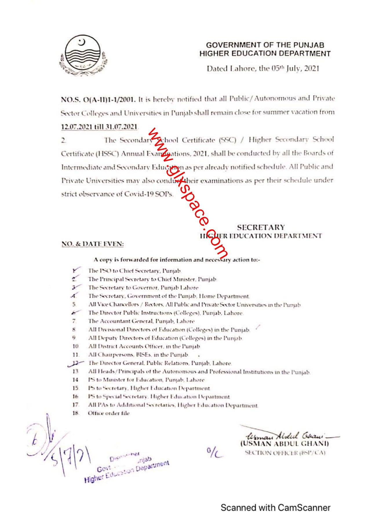 Notification of Summer Vacation 2021 Colleges and Universities Punjab