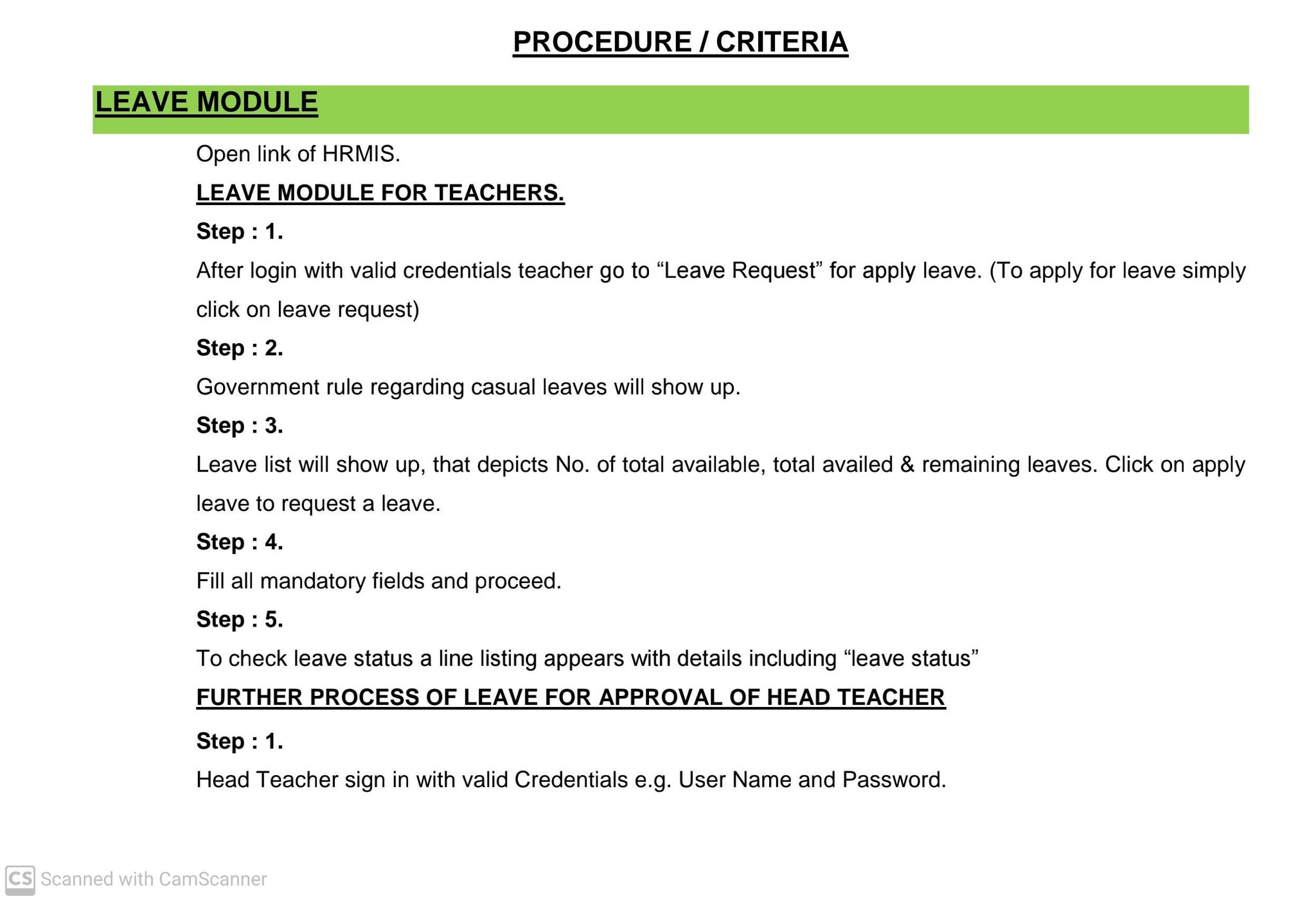 Procedure Criteria for Leave Module for Teachers