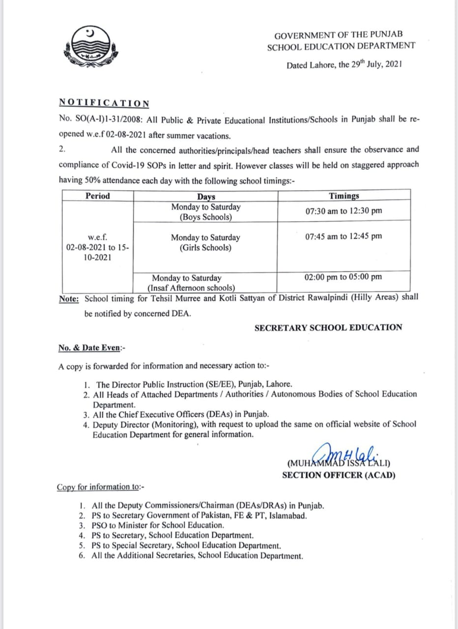 Punjab Govt School Timings wef 2nd August 2021