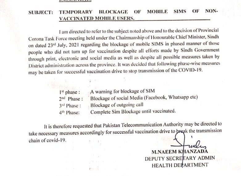 Temporary Blockage of Mobile SIMS of Non-Vaccinated Mobile Users 