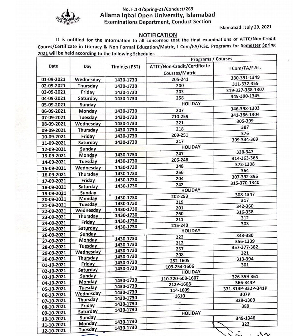 AIOU Date Sheet Semester Spring 2021 (Matric, FA, I.Com, F.Sc)