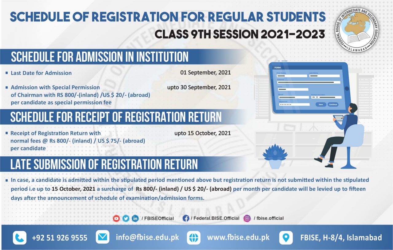 FBISE Schedule of Registration SSC-I (9th Class) 2021-23