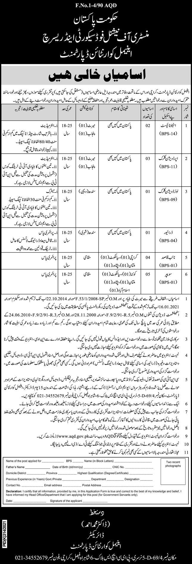 Ministerial Posts Vacancies 2021 in Ministry of National Food