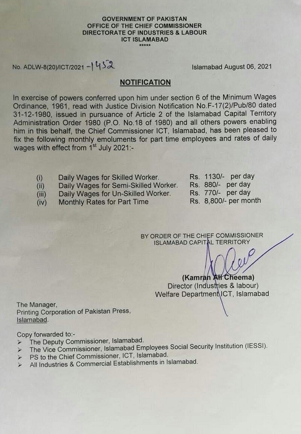 Notification of Daily Wages, Monthly Rates for Part Time ICT