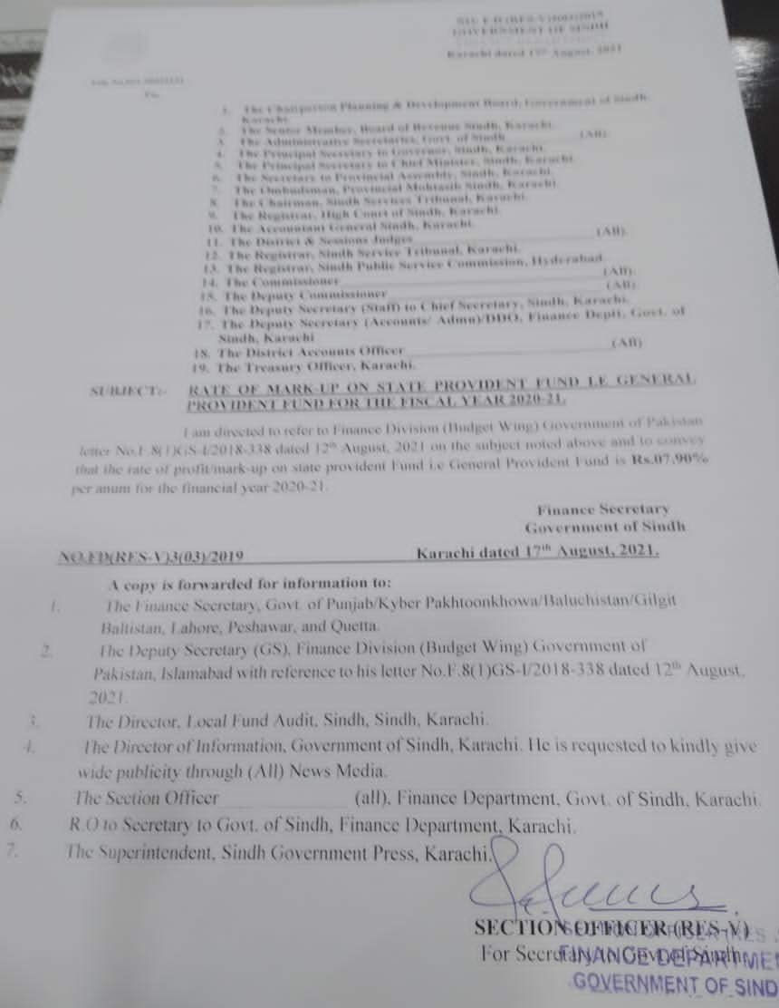 Notification of GP Fund Interest Rates Sindh 2020-21