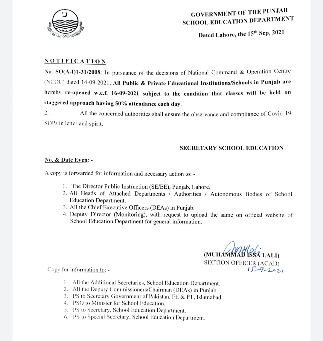Notification of Opening All Punjab Schools wef 16th Sep 2021