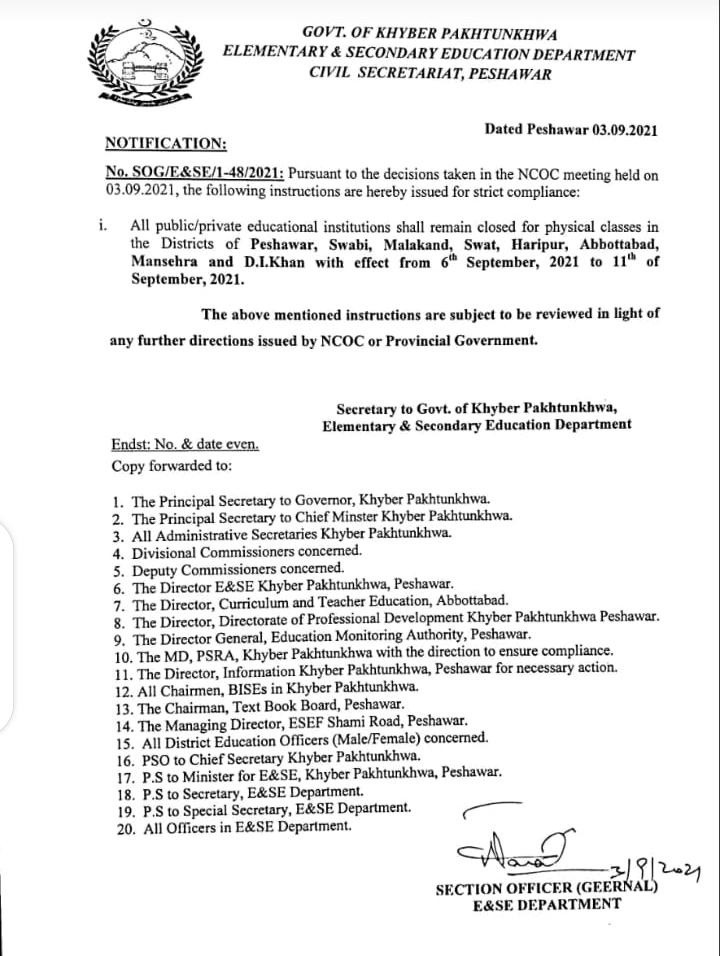 Closing of Schools wef 06-09-2021 in KPK