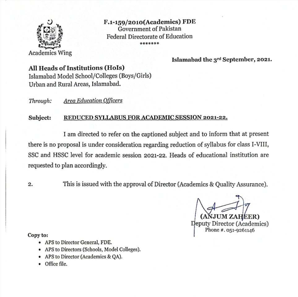 Reduced Syllabus for Academic Session 2021-22 FDE
