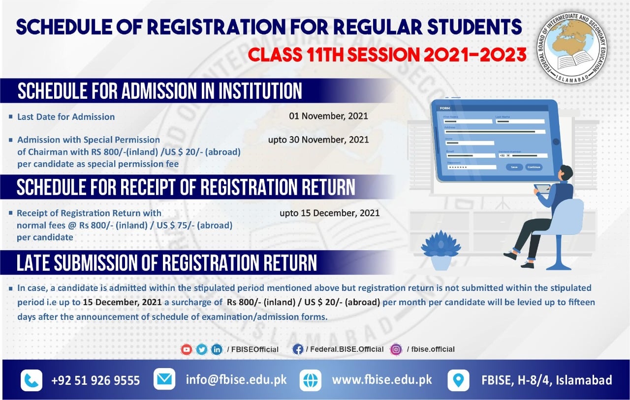 Schedule of Registration FBISE Class XI Session 2021-2023