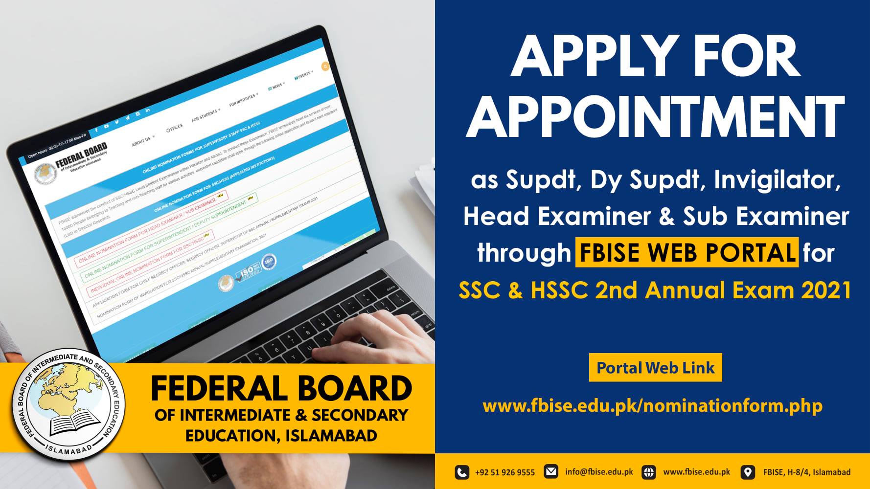 Apply Online for Supdt, Dy Supdt, Invigilator, Head Examiner & Sub Examiner FBISE
