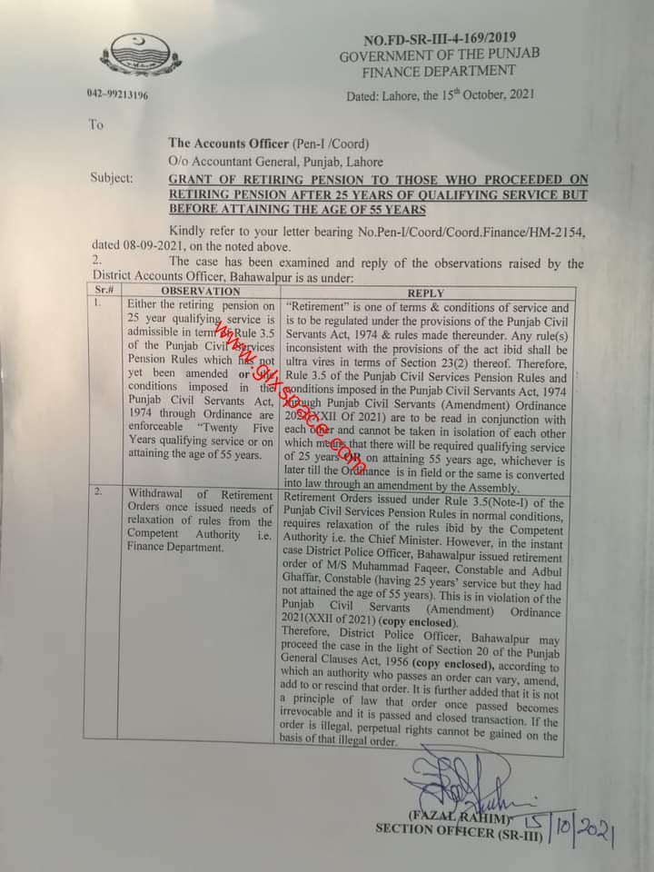 Clarification Grant of Retiring Pension at 25 Years Age or 55 Years Age