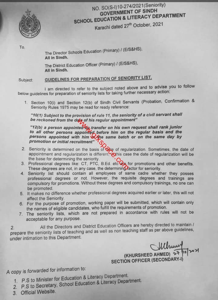 Guidelines for Preparation of Seniority List (Sindh)