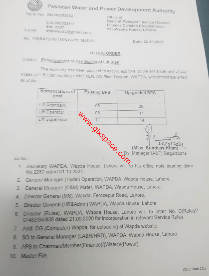 Notification Upgradation Pay Scales of Lift Staff WAPDA