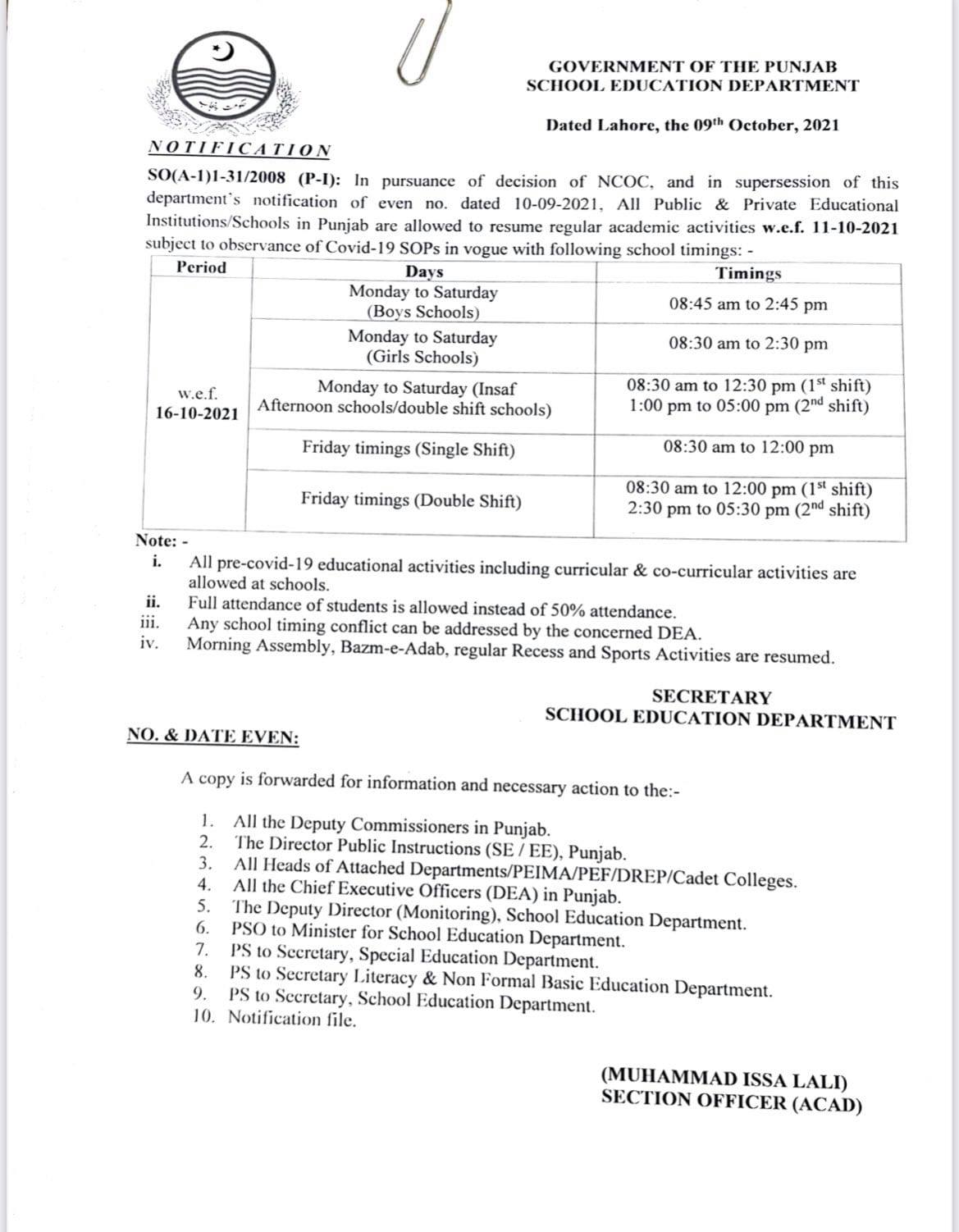 Notification of Revised School Timings wef 16th Oct 2021